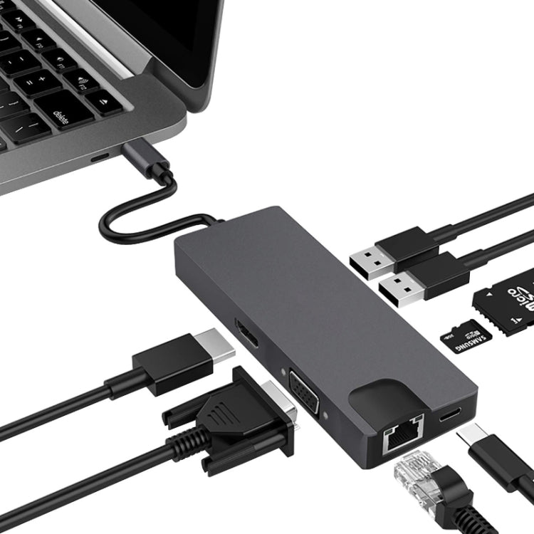 Type-C 8-in-1 Docking Station with HDMI, VGA, Gigabit RJ45, and USB 3.0 (Gray)