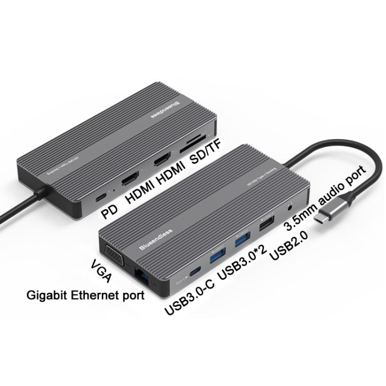 Blueendless 12-in-1 Type-C Hub with HDMI, VGA, and Audio Interface