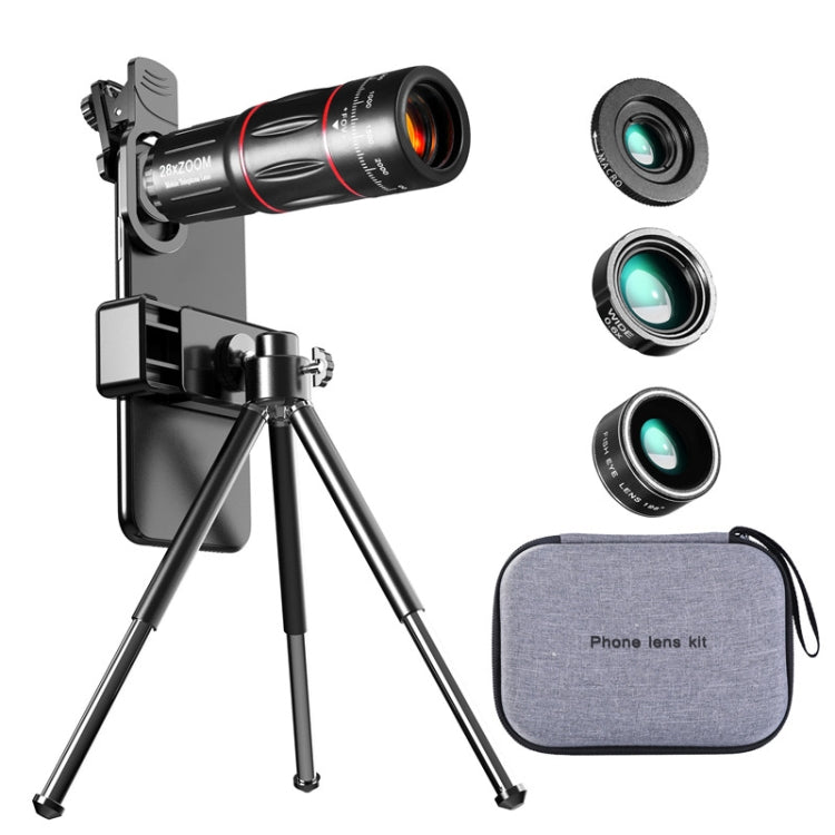 Mobile Phone Camera Lens Set with 28X Telescope, Wide Angle, Macro, and Fisheye Lenses