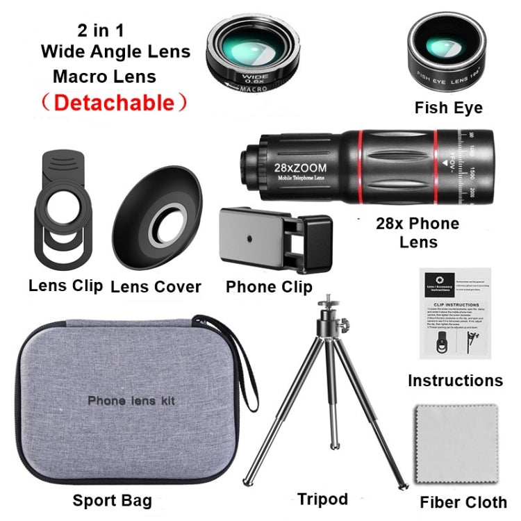 Mobile Phone Camera Lens Set with 28X Telescope, Wide Angle, Macro, and Fisheye Lenses