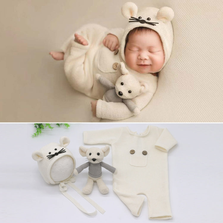 Adorable Newborn Photography Three-Piece Set: Knitted Jumpsuit, Hat, and Mouse Doll (White)