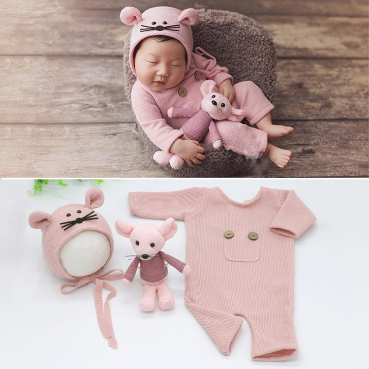 Newborn Photography Knitted Jumpsuit Set with Mouse Doll (Pink)