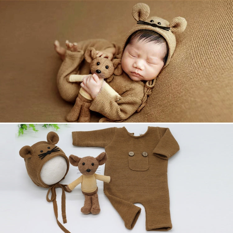 Adorable Newborn Photography Knitted Jumpsuit Set with Mouse Doll (Brown)