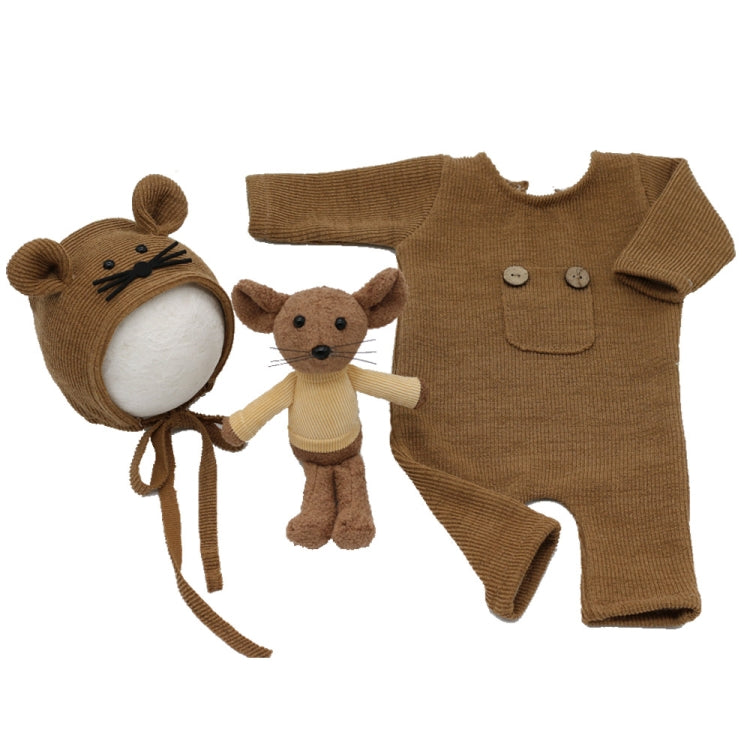 Adorable Newborn Photography Knitted Jumpsuit Set with Mouse Doll (Brown)