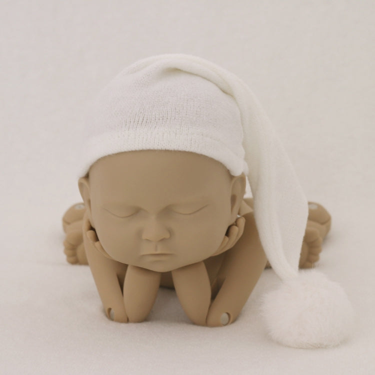 Adorable White Knitted Long Tail Photographic Newborn Hat with Fur Ball