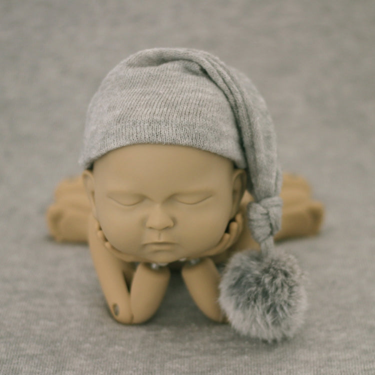 Grey Fur Ball Knitted Long Tail Hat for Newborn Photography