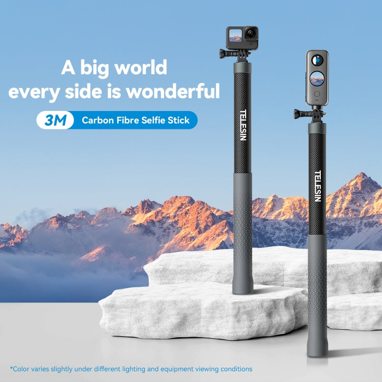 TELESIN 3M Carbon Fiber Selfie Stick Monopod for Action Camera with Extensive Reach