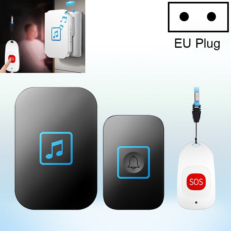 Wireless SOS Doorbell with Remote Control and 60 Chimes, EU Plug (Black)