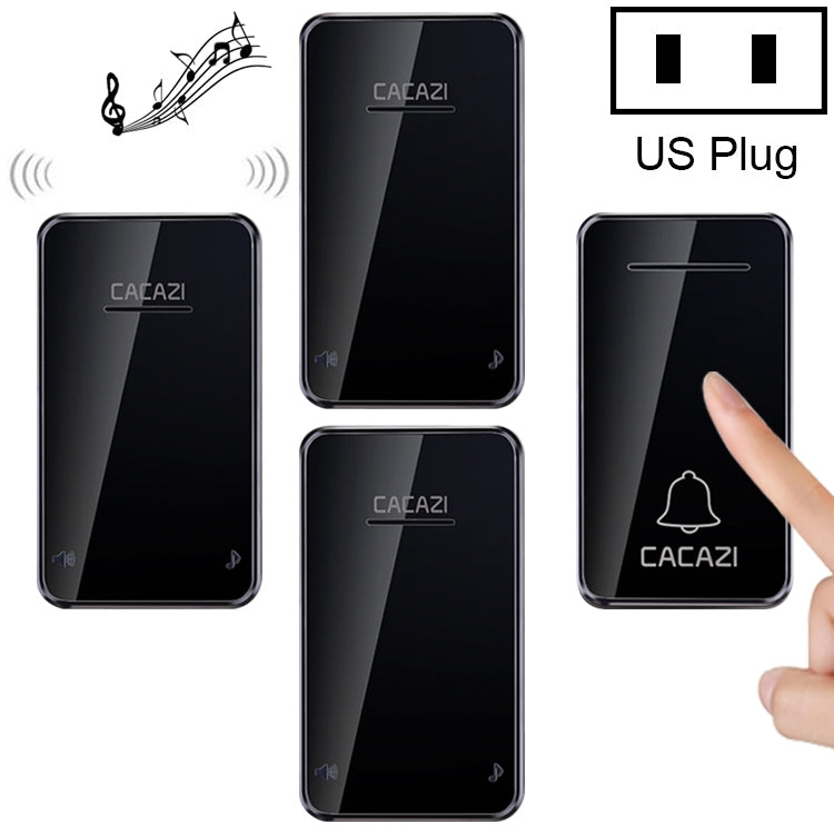 CACAZI FA8 Self-Powered Wireless Doorbell with Three Receivers, Long Range and Customizable Ringtones - US Plug (Black)