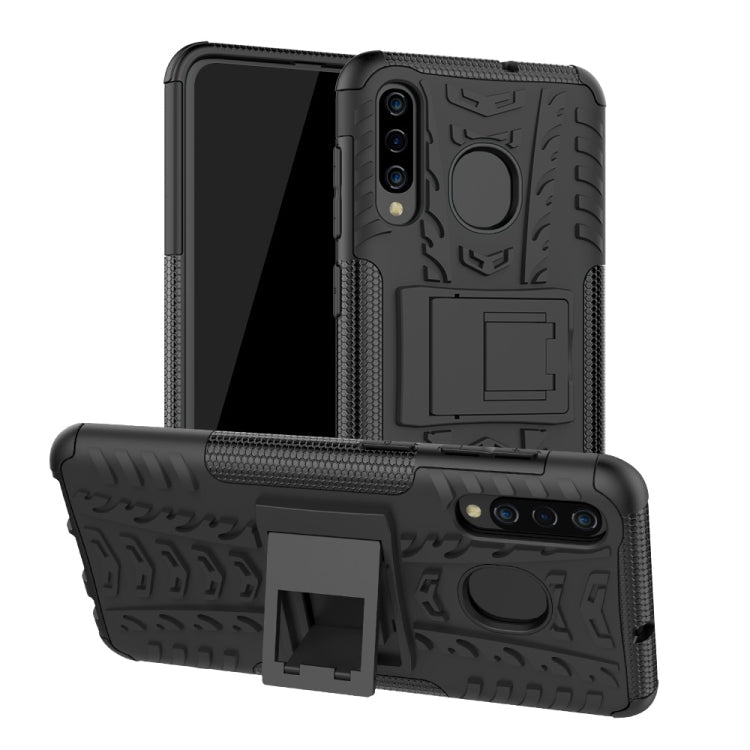 Tire Texture TPU+PC Shockproof Phone Case with Holder (Black) for Galaxy A50 / A20 / A30